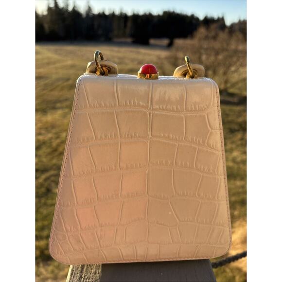 Staud Bag Kenny Cream Trapezoid Handbag Croc Embossed Leather Top Handle 6.5” - Picture 2 of 13